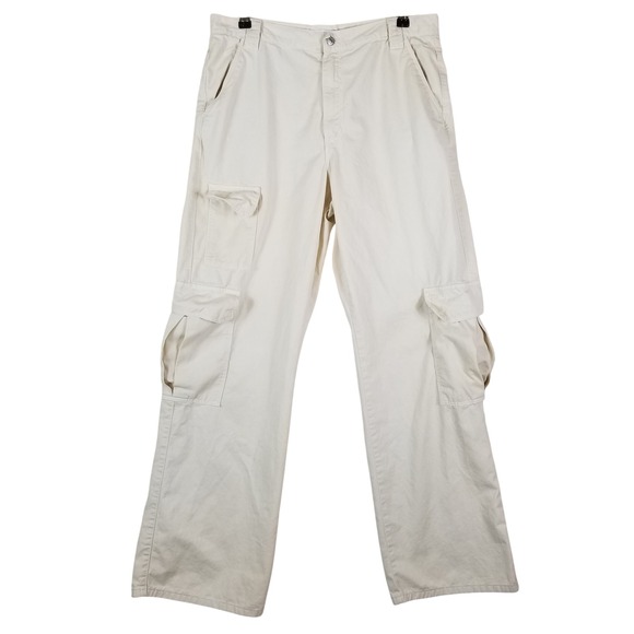 Zara Pants - Zara Cargo Pants Womens 10 Cream Wide Leg Cotton Utilitarian Mid Rise Off-White
